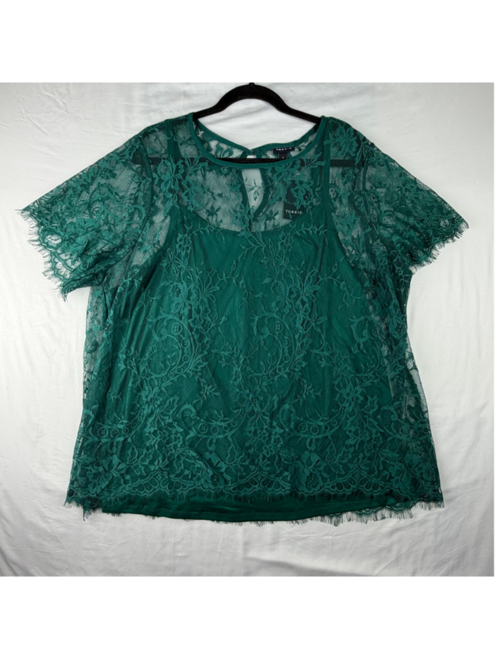 Torrid emerald green lace Abbey blouse sheer overlay cami mesh top 1 1X